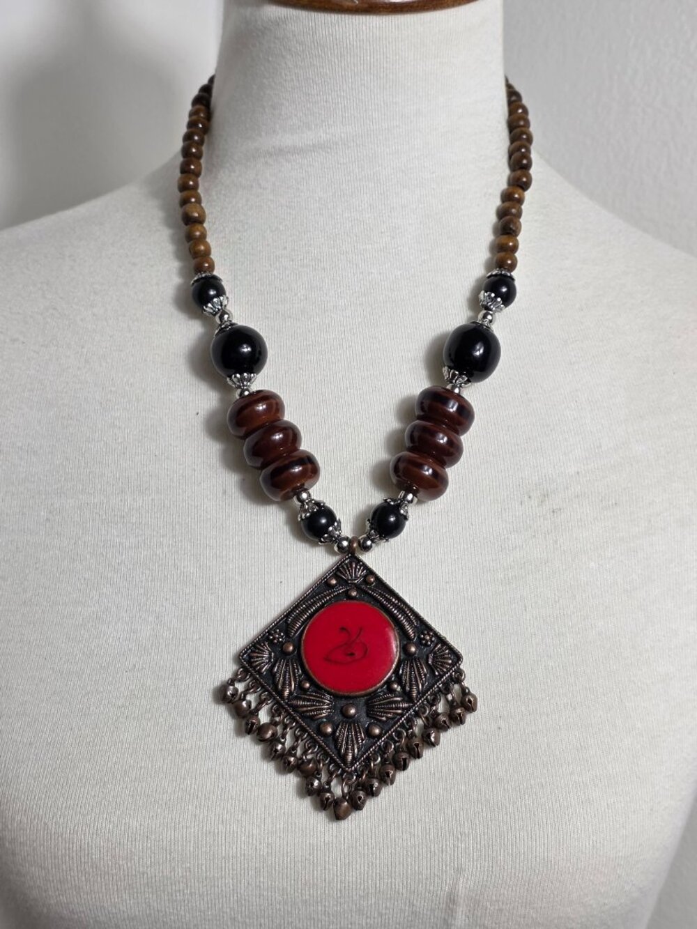 Ornate Boho Statement Necklace Large Metal Pendant Red Stone Center